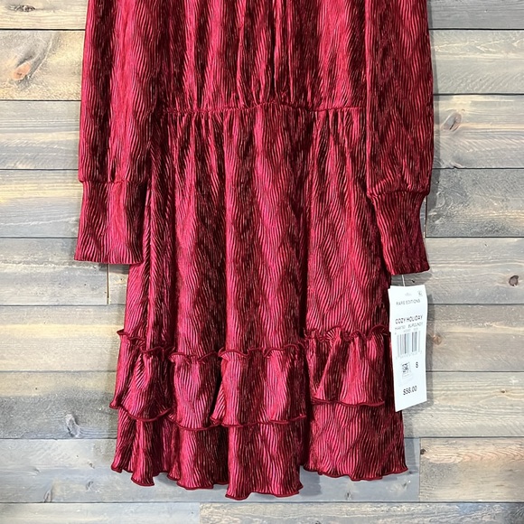 New Rare Editions Long Sleeve Textured Velvet Tiered Dress Size 8 Color Burgundy - Picture 3 of 14